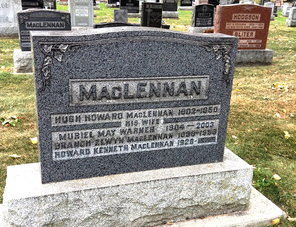 Photo of headstones/Hugh Howard MacLennan 1902-1950 hdstn Cornwall Woodlawn cem ON